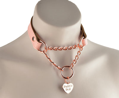 Blush Pink Custom Engraved Leather Martingale Day Collar - Rose Gold Love Heart Pendant