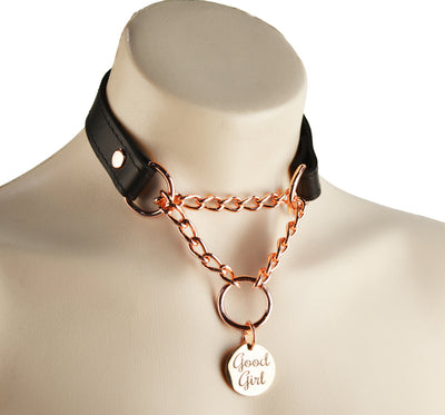 Custom Engraved Rose Gold & Black Leather Martingale Day Collar - Love Heart or Round Pendant