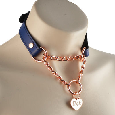 Deep Blue Custom Engraved Leather Martingale Day Collar - Rose Gold Love Heart Pendant