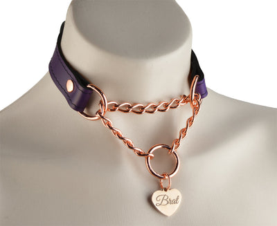 Purple Custom Engraved Leather Martingale Day Collar - Rose Gold Love Heart Pendant