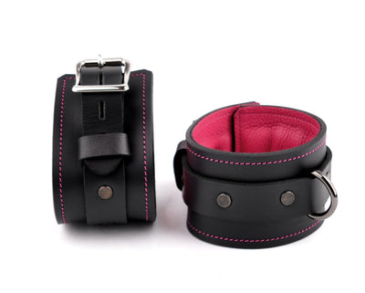 Premium Padded Ankle Cuffs - Black And Pink | Leather BDSM Ankle Cuffs
