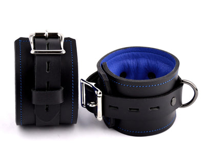 BDSM Leather Cuffs | Premium Padded Ankle Cuffs - Black And Blue
