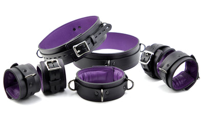Premium Padded Restraint Set Wrist-Ankle-Thigh Cuffs And Collar - Black And Purple