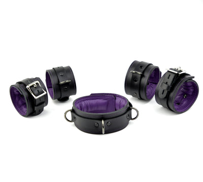Online BDSM Gear | Premium Padded Restraint Set Wrist-Ankle Cuffs And Collar - Black And Purple