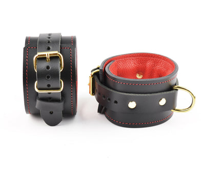 Premium Leather Ankle Cuffs - Black and Americana Red With Gold Hardware