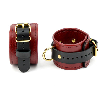 Premium Leather Ankle Cuffs - Scarlet Red & Gold