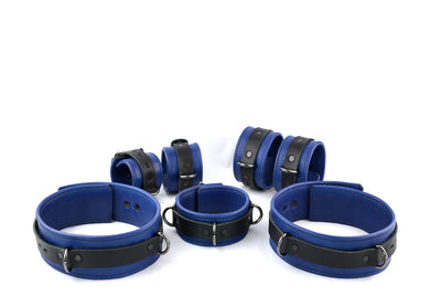 Premium Restraint Set Beautiful Triple Layer Leather Wrist-Ankle-Thigh Cuffs And Collar - Blue