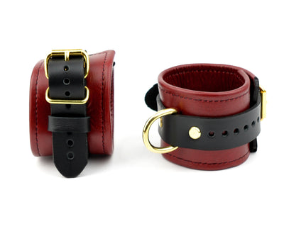 Premium Leather Wrist BDSM Cuffs - Scarlet Red & Gold
