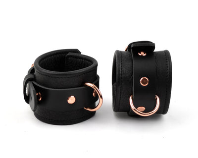 BDSM Premium Leather Wrist Cuffs - Black & Rose Gold