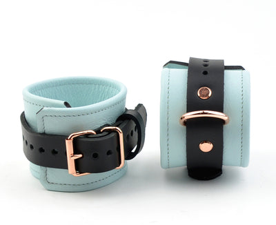 Leather BDSM Cuffs | Premium Leather Wrist Cuffs - Aqua Adore Blue & Rose Gold