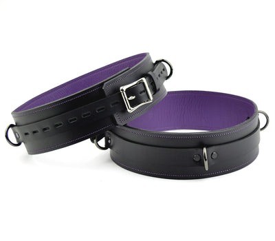 BDSM Thigh Cuffs | Premium Heavy Duty Lockable Thigh Cuffs - Black & Purple