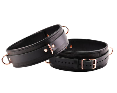 Premium Lockable Thigh Cuffs Triple Layer Leather - Black & Rose Gold