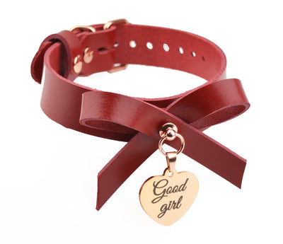 Americana Red and Rose Gold Leather Collar With Bow and Custom Engraved Love Heart Pendant