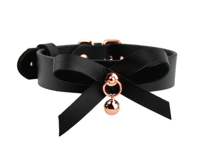 Leather BDSM Products | Black Leather Aurum Collar With Bow & Rose Gold Kitten Bell