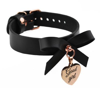 Black Leather Aurum Collar With Bow and Custom Engraved Love Heart Pendant