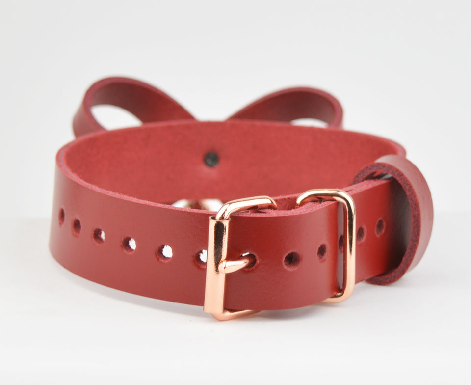 Americana Red Leather Bow Collar with Rose Gold Kitten Bell