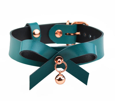 Emerald Leather Collar With Bow & Rose Gold Kitten Bell | BDSM Collar