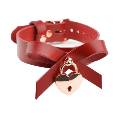 Americana Red & Rose Gold Collar With Bow & Love Heart Padlock
