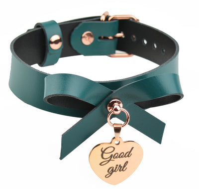 Emerald and Rose Gold Leather Collar With Bow and Custom Engraved Love Heart Pendant
