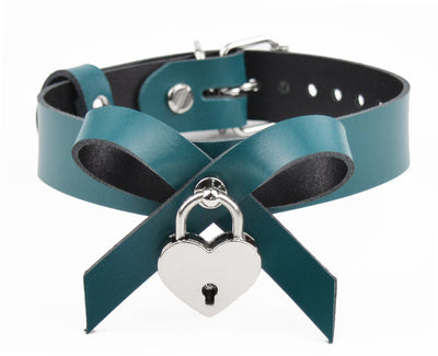 Emerald Leather Bow Collar with Silver Love Heart Padlock | BDSM Collar