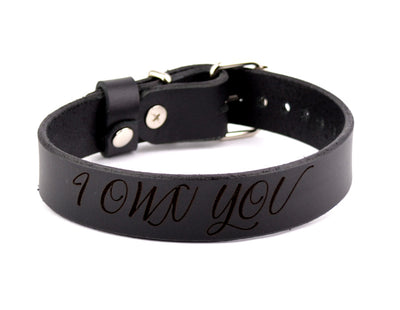 Custom Engraved Black Leather Collar – 'I Own You'