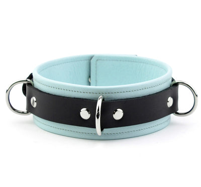 Aqua Adore Blue Premium Three Ring Leather Bondage Collar