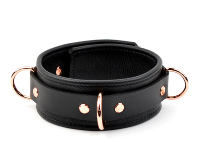 Black & Rose Gold Premium Three Ring Leather Bondage Collar