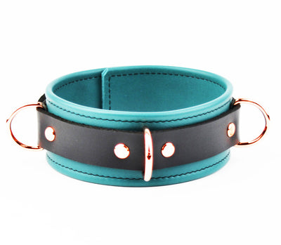 Premium Bdsm Leather Collar Handcrafted Emerald Green & Rose Gold | Mercy Industries