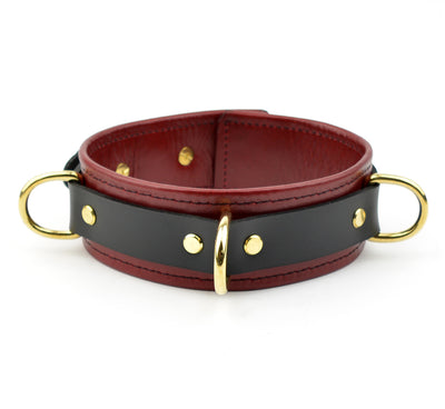 Scarlet Red & Gold Premium Three Ring Leather Bondage Collar | BDSM Collar
