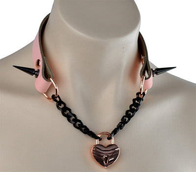 BDSM Products | Blush Pink Leather & Black Chain Aurum Collar with Spikes & Love Heart Padlock