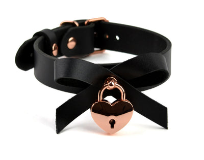 BDSM Leather Collar | Black Leather Aurum Collar With Bow & Love Heart Padlock