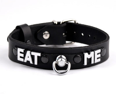 Custom Small Lettering Black Leather Collar With Ring – 'Eat Me'