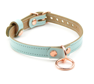 Aqua Adore Blue Leather Amare Day Collar with Small Rose Gold O-Ring