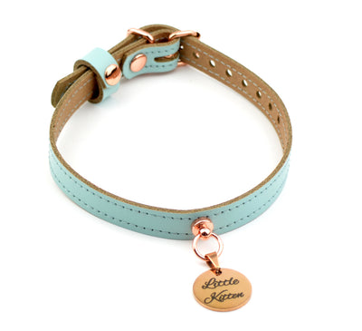 Aqua Adore Blue Leather Amare Day Collar with Custom Engraved Rose Gold Pendant – 'Little Kitten'