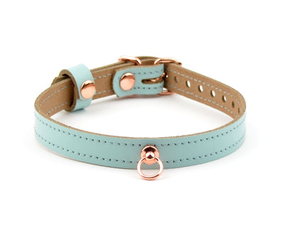 BDSM Store | Aqua Adore Blue Leather Amare Day Collar with Small Rose Gold Ring Pendant