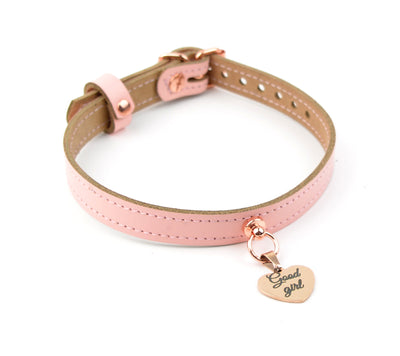 Blush Pink Leather Amare Day Collar with Custom Engraved Rose Gold Love Heart Pendant – 'Good girl'