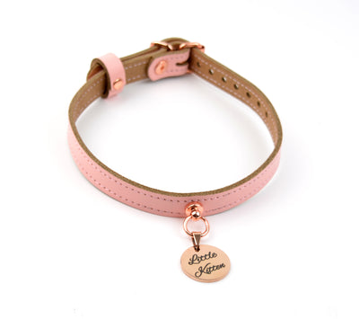 Blush Pink Leather Amare Day Collar with Custom Engraved Rose Gold Pendant – 'Little Kitten'
