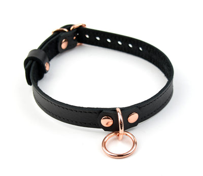 Black Leather Amare Day Collar with Small Rose Gold Ring Pendant