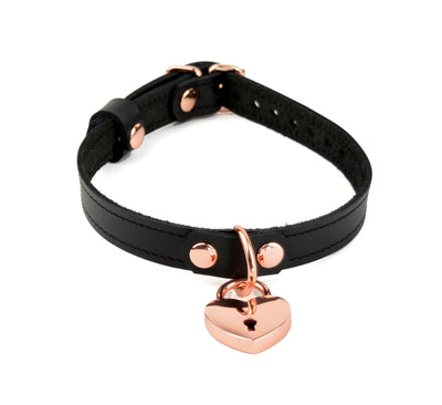 Black Leather Amare Collar with Rose Gold Love Heart Padlock Pendant