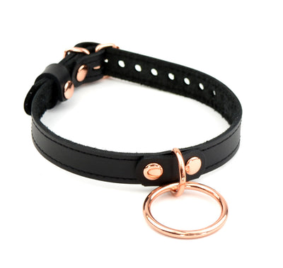 Black Leather Amare Day Collar with Large Rose Gold O-Ring | BDSM Leather Collar