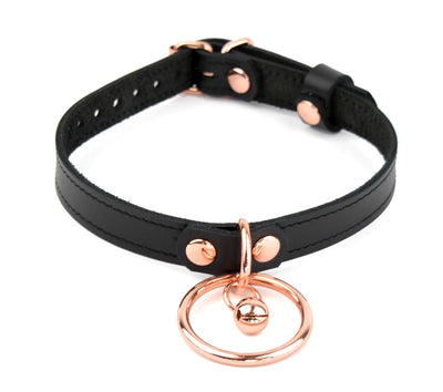 Black Leather Amare Day Collar with Large Rose Gold O-Ring & Kitten Bell