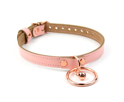 Blush Pink Leather Amare Day Collar with Large Rose Gold O-Ring & Kitten Bell