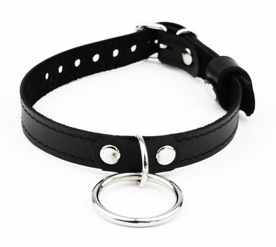 Black Leather Amare Day Collar with Large Silver O-Ring