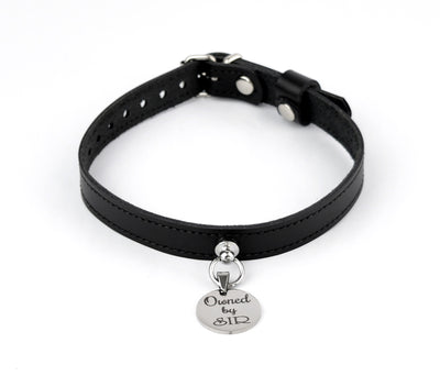 Online BDSM Shop | Black Leather Amare Day Collar with Custom Engraved Silver Love Heart Pendant - 'Owned'