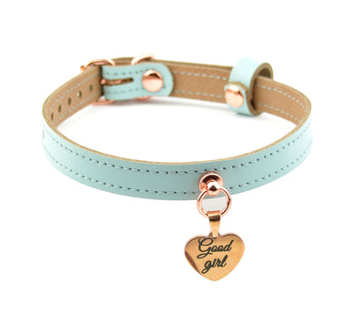 Aqua Adore Blue Leather Amare Day Collar with Custom Engraved Rose Gold Love Heart Pendant – 'Good girl'