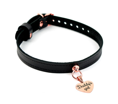 Black Leather Amare Day Collar with Custom Engraved Rose Gold Love Heart Pendant – 'Daddy's girl'