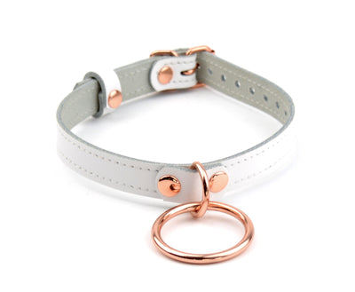 White Leather Amare Day Collar with Large Rose Gold O-Ring