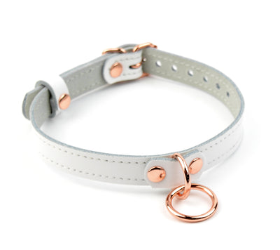 White Leather Amare Day Collar with Small Rose Gold O-Ring