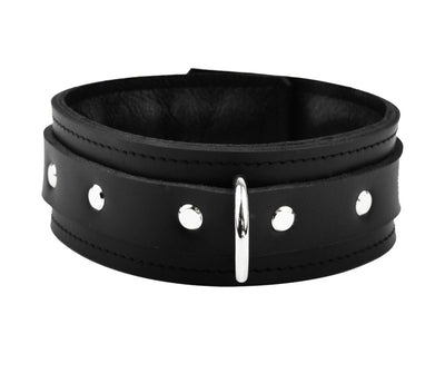 Black Double Stitched Padded Leather Bondage Collar
