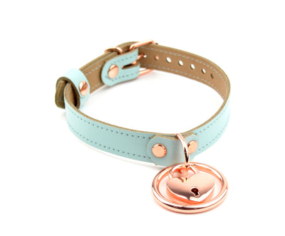 Aqua Adore Blue Leather Amare Collar with Rose Gold Ring & Love Heart Padlock Pendant